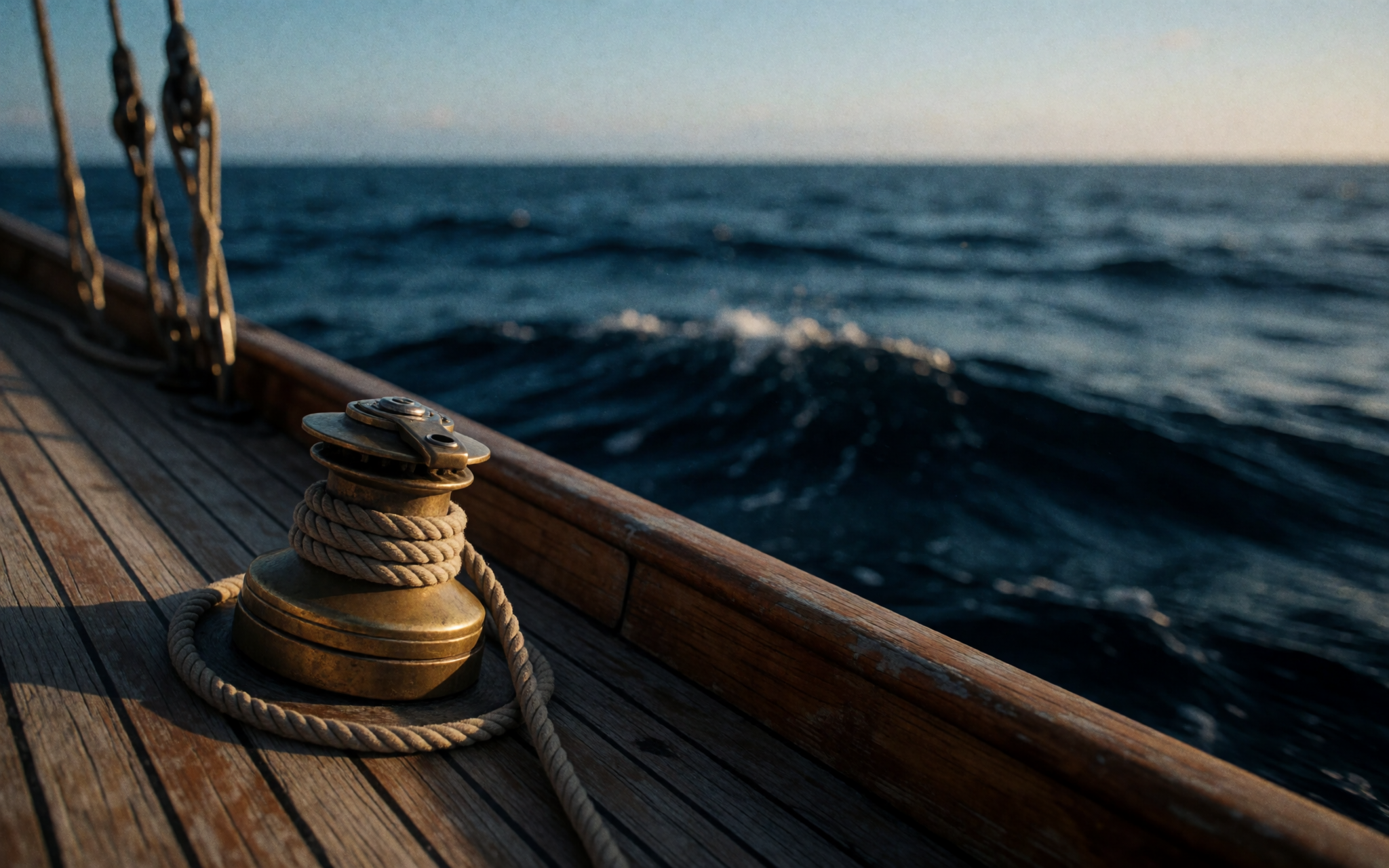 Weathered teak deck and brass winch at last light